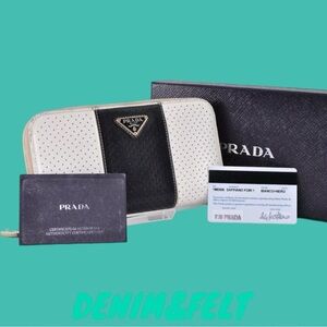 🖤PRADA Black/White Two Tone Perforated Logo Plate Leather Long Around Wallet!🖤